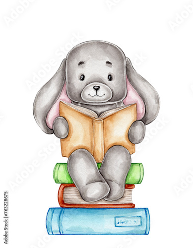 Cute bunny reads book and sits on books  watercolor hand drawn illustration © Нина Новикова