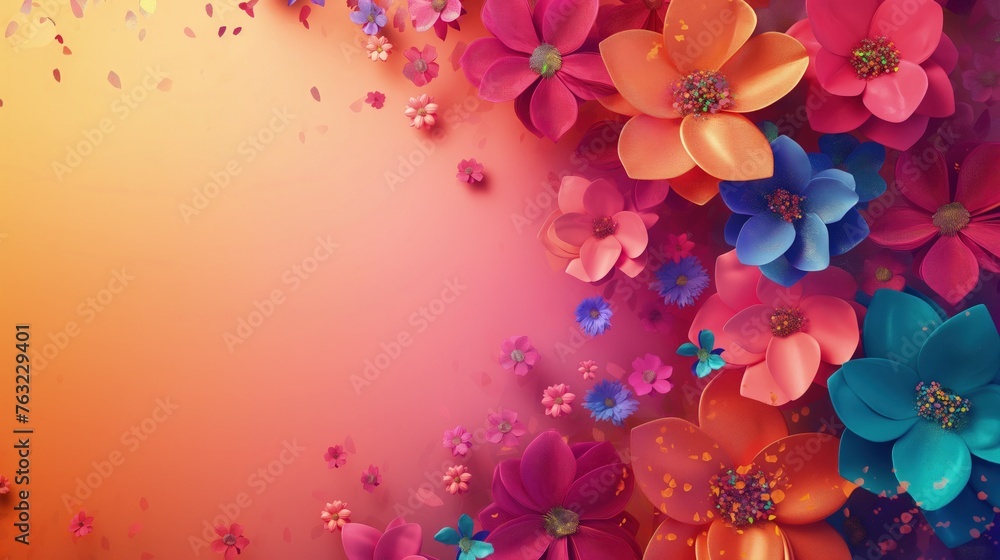 Grupa kolorowych kwiatów na jaskrawym różowo-pomarańczowym tle. Idealne dla zaproszeń. - obrazy, fototapety, plakaty 