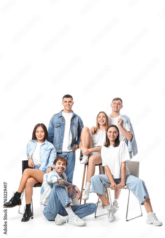 Group of stylish young people on white background