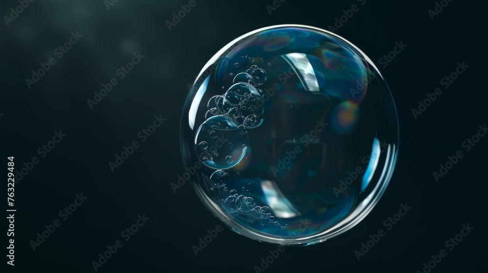 A single, large soap bubble captured against a dark background, highlighting its delicate structure A single, large soap bubble captured against a dark background, highlighting its delicate structure