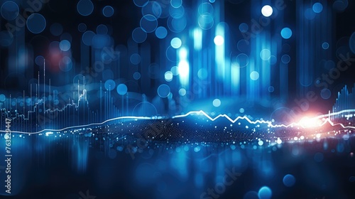 Digital stock market graph on blue background with bokeh effect. Generative AI.