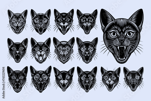 Illustration of meowing russian blue cat head design vector set