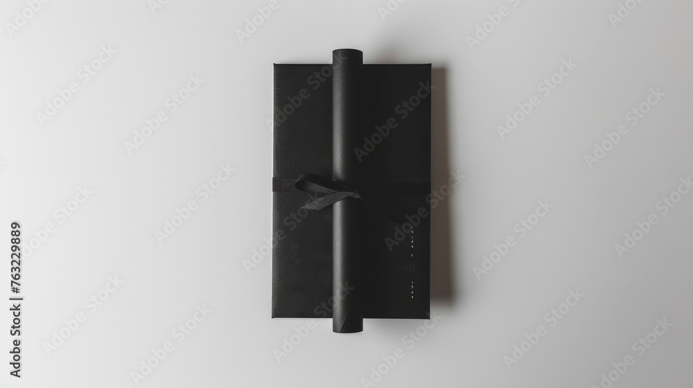 A sophisticated black diploma cover, complemented by a rolled degree, showcased against a white background for a stark contrast A sophisticated black diploma cover, complemented by a rolled degree, showcased against a white background for a stark contrast