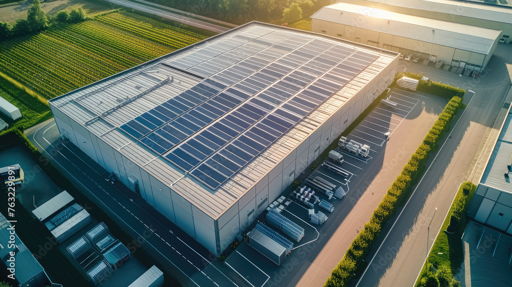 Aerial high view of a modern warehouse with solar panels in a green surrounding. Generative AI. Aerial high view of a modern warehouse with solar panels in a green surrounding. Generative AI.