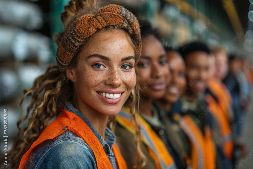 A group of happy and smiling warehouse workers are depicted in an industrial setting. They appear to be good friends with each other. Some of the men are balding, one is a black male, and another whit