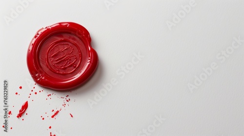 A solitary red wax seal, signet style, presented in isolation on a white background, embodying the essence of official endorsements or closures  photo
