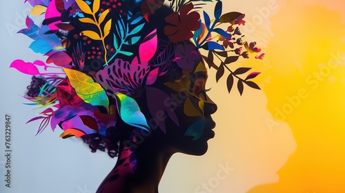 Sylwetka głowy kobiety z kolorową dekoracją kwiatową na głowie photo