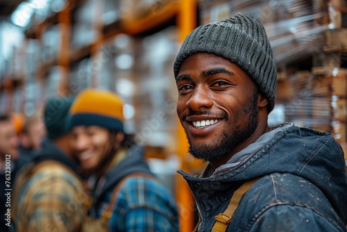 A group of happy and smiling warehouse workers are depicted in an industrial setting. They appear to be good friends with each other. Some of the men are balding, one is a black male, and another whit