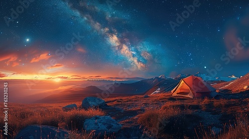 Modern Tent camping under starry sky with milky way. Generative AI.