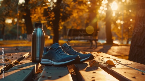 Morning run essentials with sneakers and water bottle on a park bench at sunrise. photo