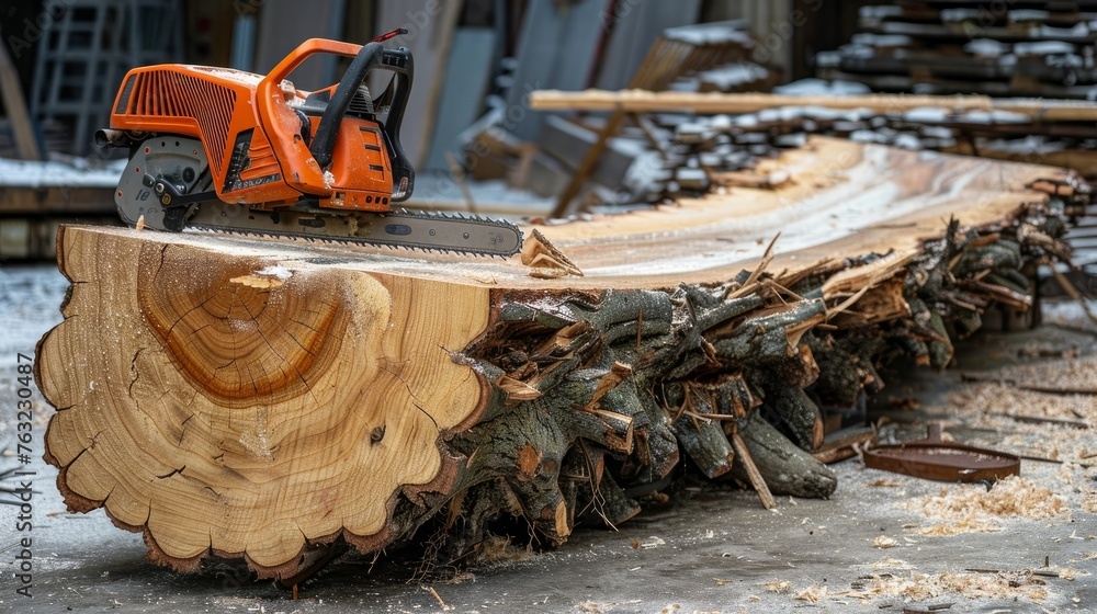 Chainsaw resting on a huge sawn off beech log - obrazy, fototapety, plakaty 