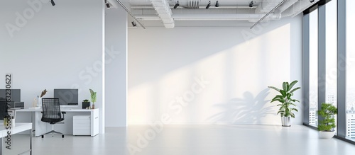 Large white wall mockup in an office building.