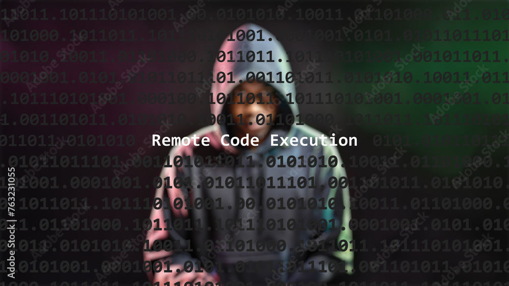 Cyber attack remote code execution text in foreground screen, anonymous hacker hidden with hoodie in the blurred background. Vulnerability text in binary system code on editor program. - obrazy, fototapety, plakaty 