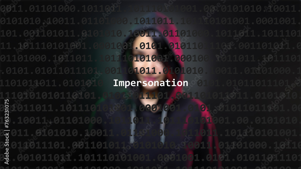 Cyber attack impersonation text in foreground screen, anonymous hacker hidden with hoodie in the blurred background. Vulnerability text in binary system code on editor program. - obrazy, fototapety, plakaty 