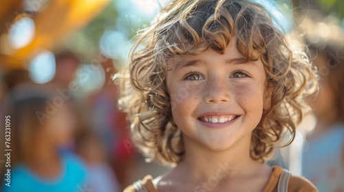 portrait of a happy smiling child at kindergarten, exciting, fun, joyful atmosphere, laughing
