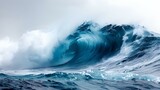 The Mighty Force of a Blue Ocean Wave against a Pristine White Background. Concept Ocean Waves, Blue, Powerful, Pristine White, Forceful