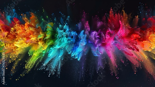 A vibrant display featuring a garland banner of colorful rainbow holi paint powder exploding against a dark  panoramic black background  encapsulating a festive and peaceful party concept