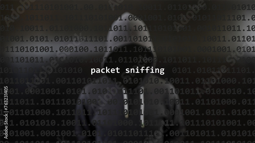 Cyber attack packet sniffing text in foreground screen, anonymous hacker hidden with hoodie in the blurred background. Vulnerability text in binary system code on editor program.