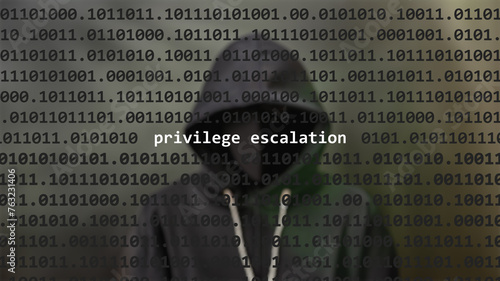 Cyber attack privilege escalation text in foreground screen, anonymous hacker hidden with hoodie in the blurred background. Vulnerability text in binary system code on editor program.