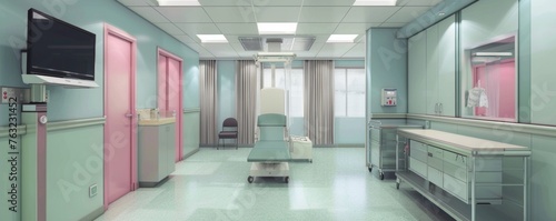 Modern hospital room interior with medical equipment photo
