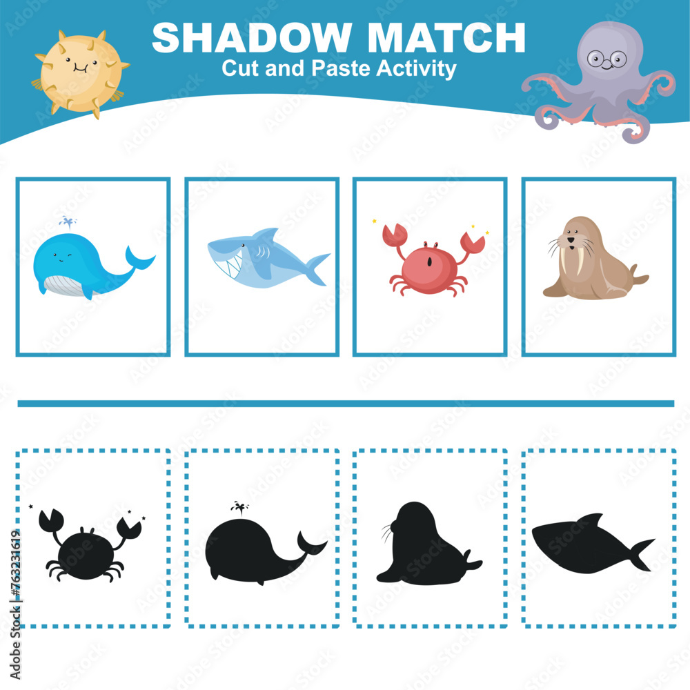 Vetor de Shadow matching for children. School activity for kids. Cut ...
