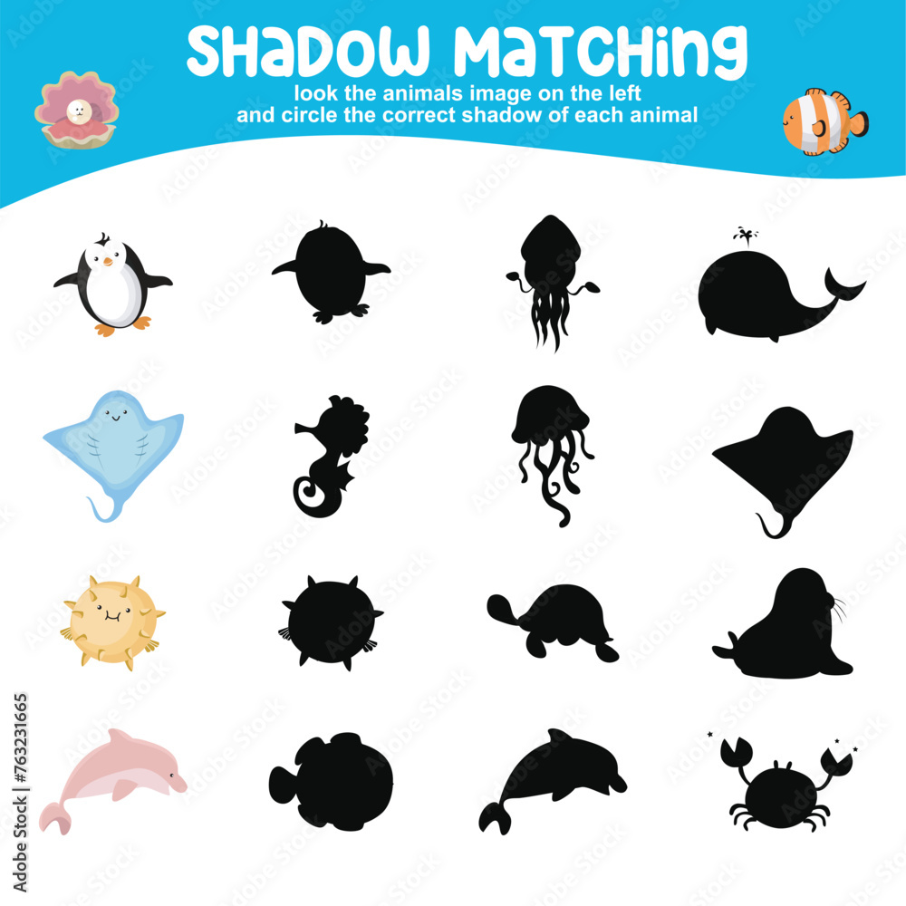 Look the animal image on the left and circle the correct shadow of each animal. Find the correct shadow Look the animal image on the left and circle the correct shadow of each animal. Find the correct shadow