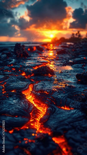 sunset over hot lava
