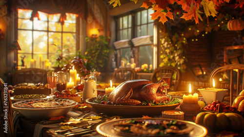 A festive Thanksgiving dinner spread with roasted turkey and autumn decorations in a cozy home setting.