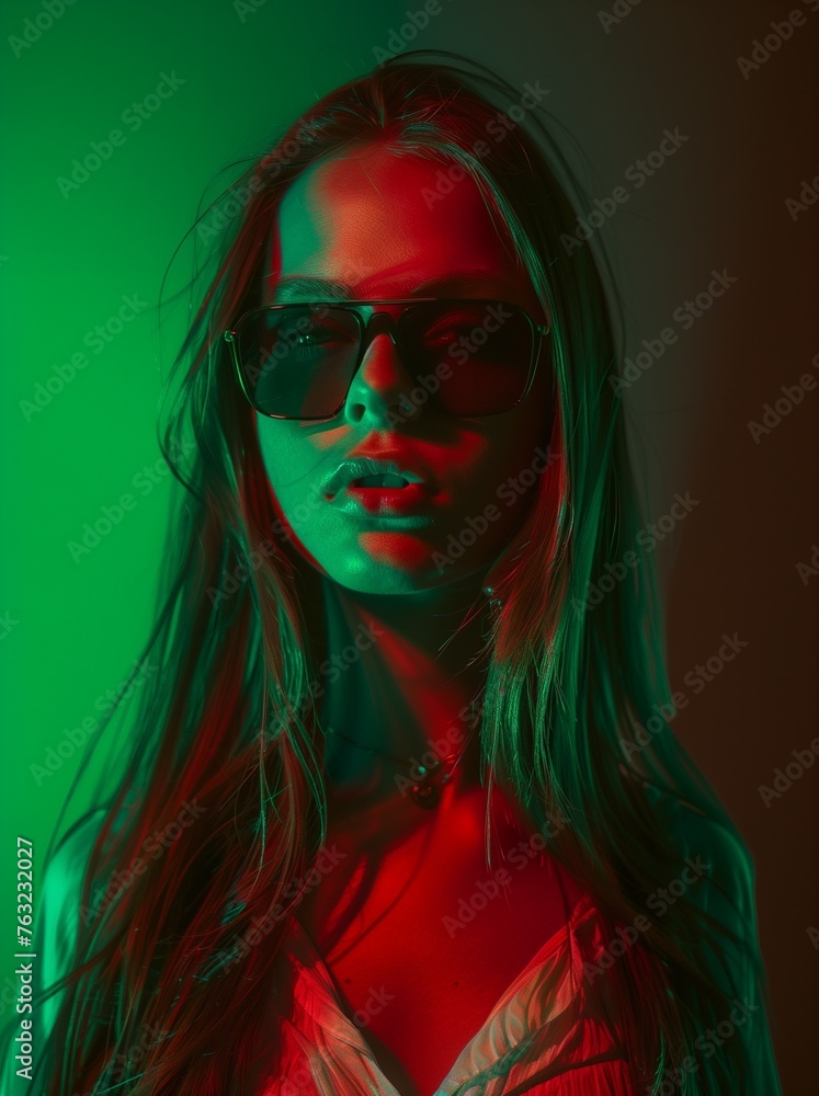 Beautiful Girl with long hairs, young Woman in color lights. Art design, colorful girl with radiance body. studio shot