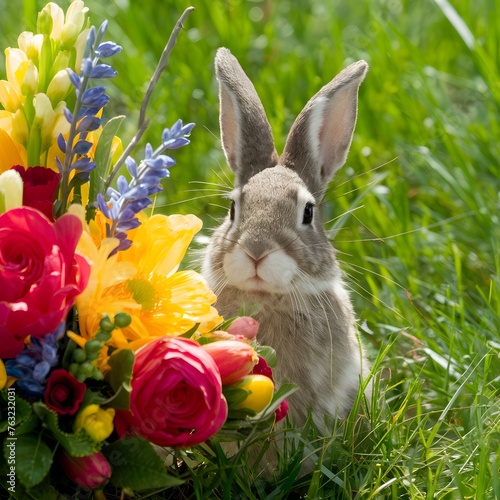 Playful Easter Bunny peeking out from behind a vibrant floral arrangement For Social Media Post Size