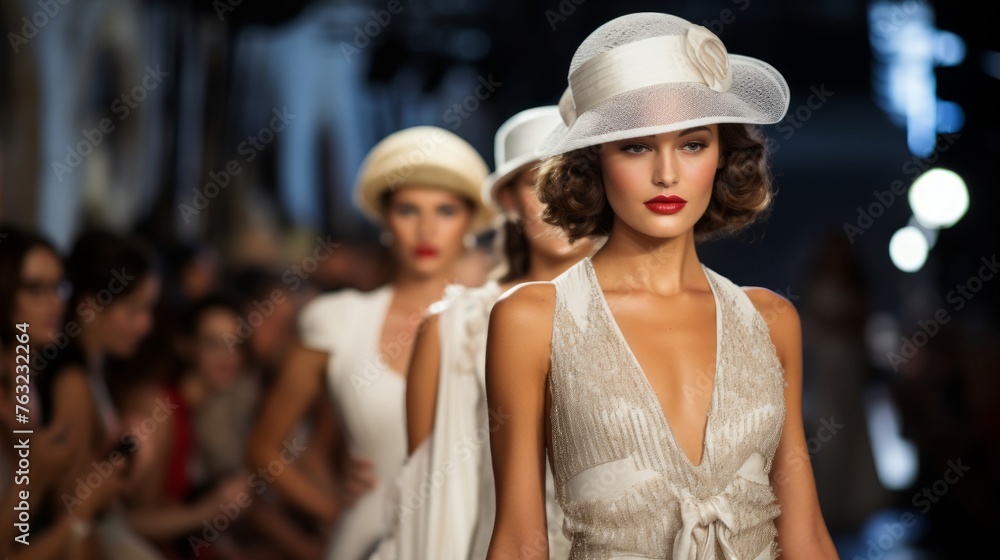 1920s fashion runway show beaded dresses cloche hats showcased