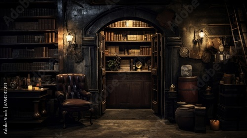 Speakeasy entrance hidden behind bookshelf in 1920s secret access photo