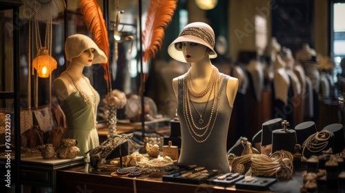 Mannequins display 1920s flapper fashion surrounded by stylish attire photo