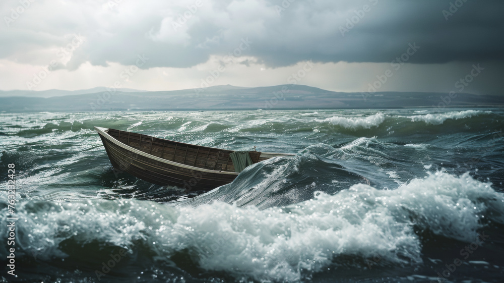 Lonely boat faces tumultuous waves under a stormy sky. Lonely boat faces tumultuous waves under a stormy sky.