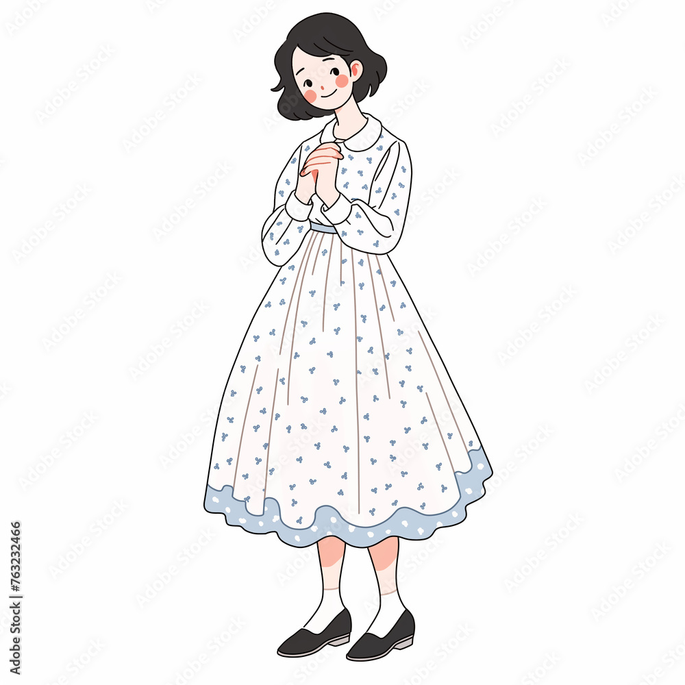 ワンピースを着た女性のイラスト、笑顔 ワンピースを着た女性のイラスト、笑顔