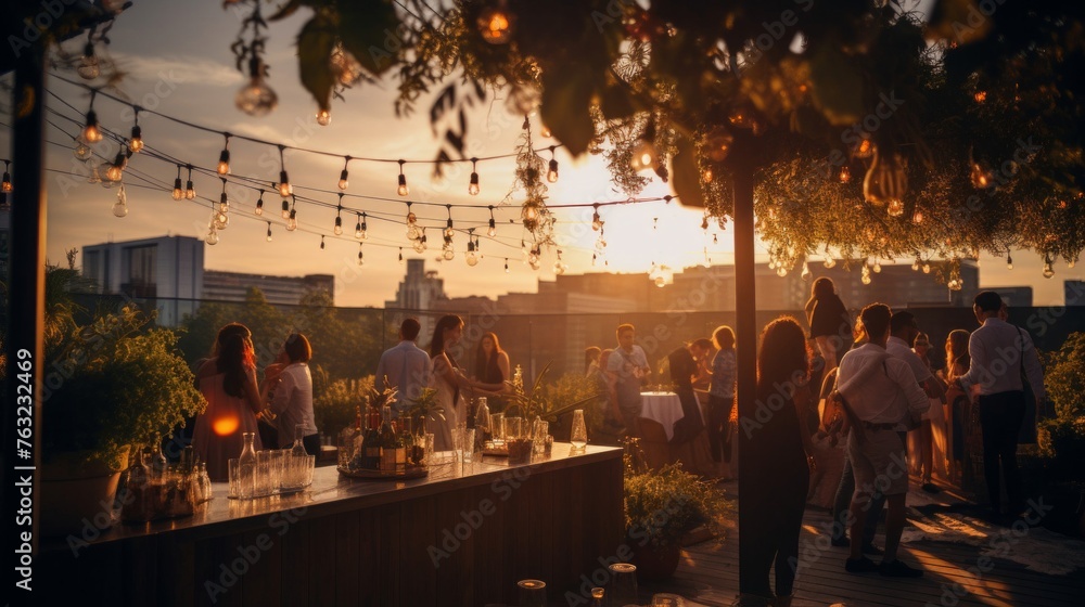 Naklejka premium 1920s party on rooftop garden guests dancing under open sky