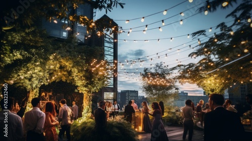 Rooftop garden party in 1920s with cocktails and fairy lights