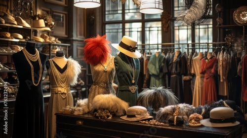 Flapper fashion and accessories in 1920s themed boutique