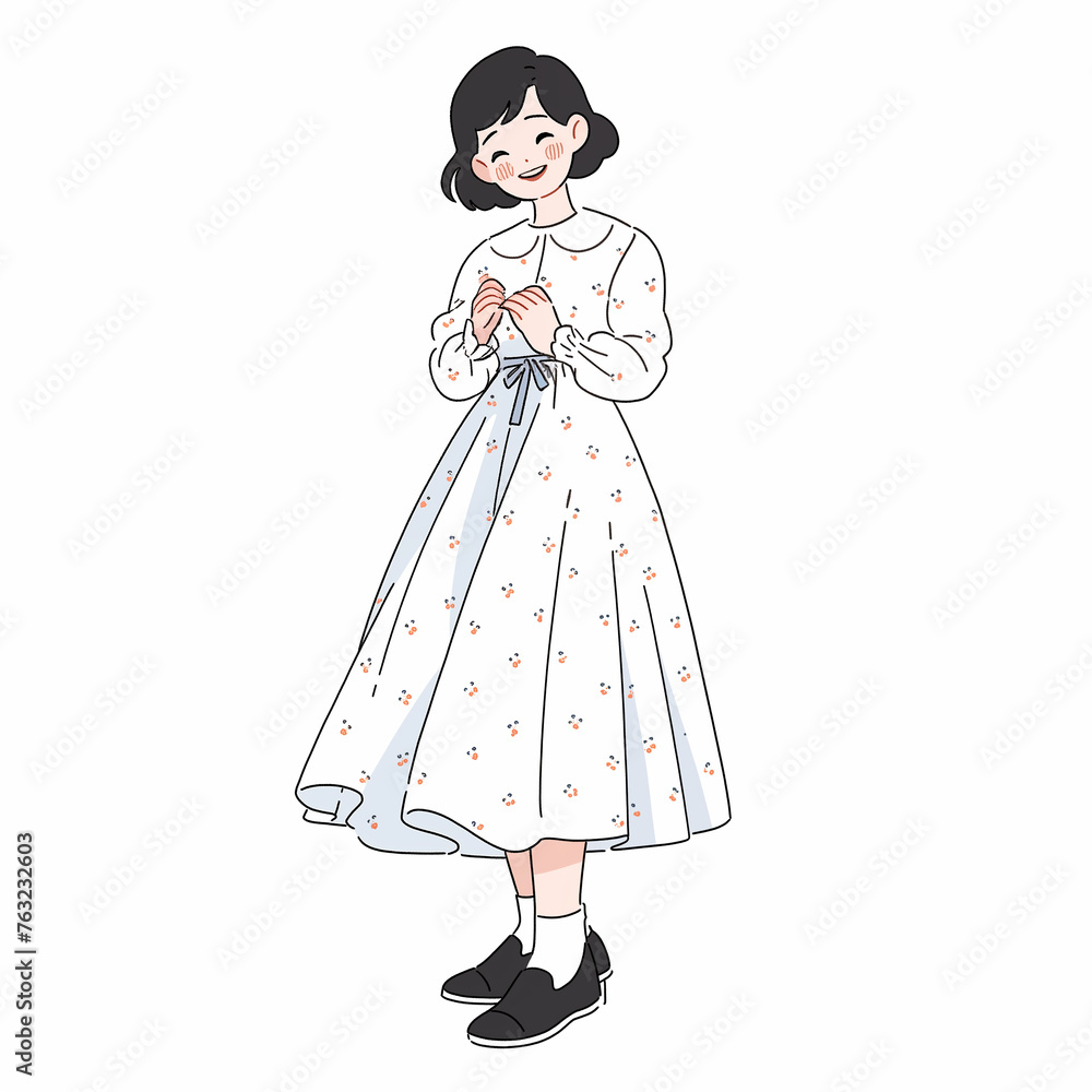 ワンピースを着た女性のイラスト、笑顔 ワンピースを着た女性のイラスト、笑顔