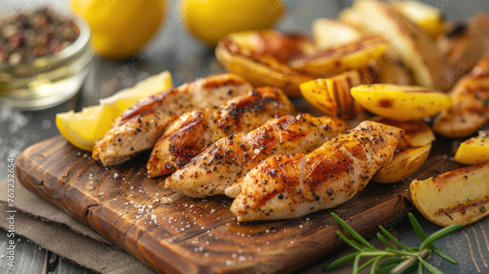 potato fries, grilled chicken with vegetables potato fries, grilled chicken with vegetables