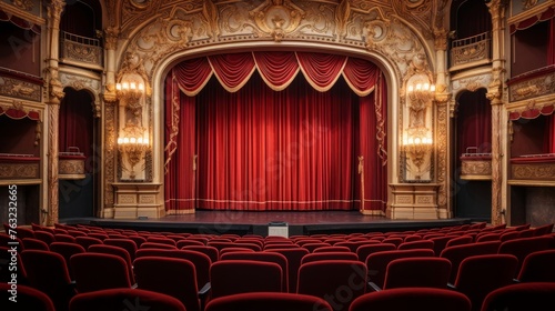 1920s theater plush seats and grand stage with opera performance