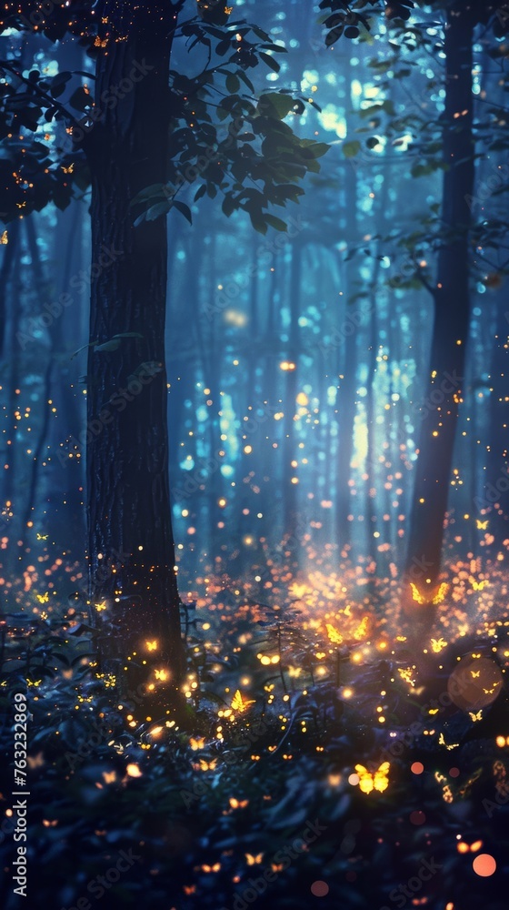 Enchanted forest with glowing butterflies