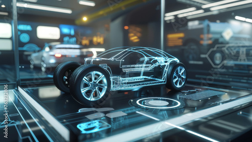 Holographic projection of a futuristic car design on an advanced engineering workstation.