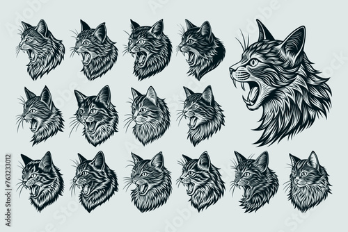 Hand drawing side view meowing siberian cat head illustration design set