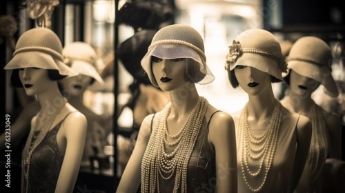 Glamorous 1920s boutique mannequins in flapper attire beaded gowns