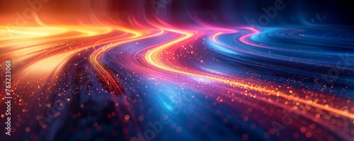 Abstract futuristic background with glowing lines and wavy shapes, creating an atmosphere of speed and motion. The colors include blue, orange, red, and black, providing a dynamic visual effect