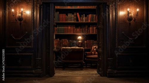 Hidden speakeasy 1920s entrance behind bookshelf password entry