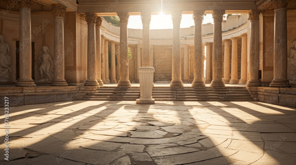 Fototapeta premium Sunlit Greek temple interior colonnade illumination altar highlighted