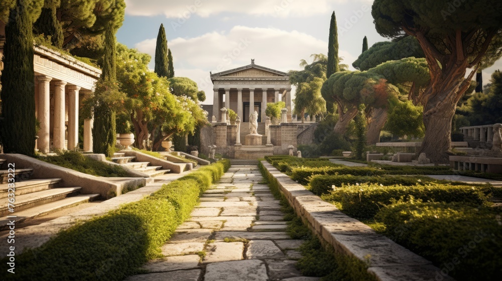 Grand Greek temple complex marble walkways lush gardens interconnect