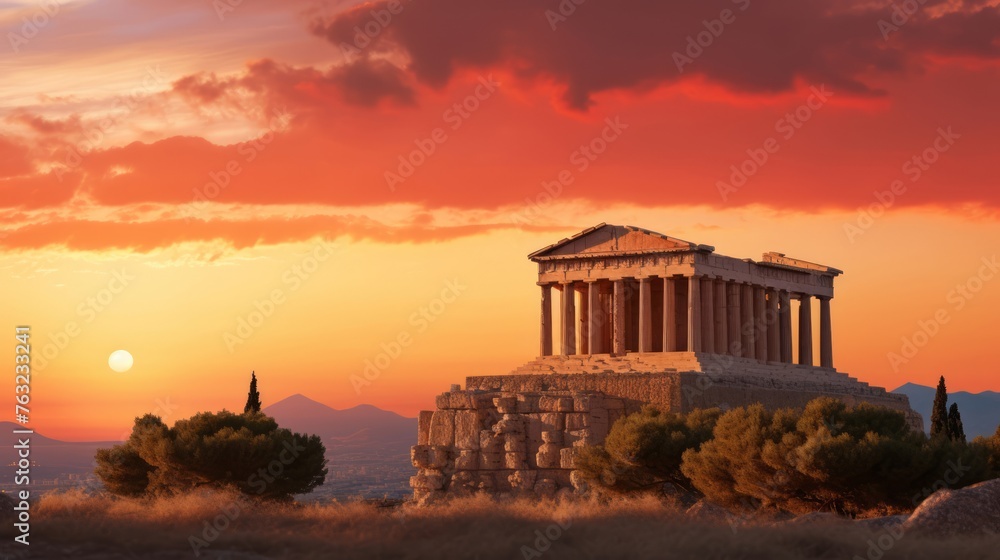 Orange and pink sky behind Greek temple at sunrise peaceful air